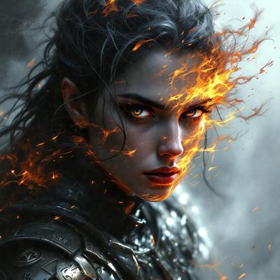 The primary subject of the image is a woman with long hair and a fiery, glowing aura surrounding her. She is wearing a black outfit and has a determined look on her face. The setting is a dark, moody environment, with a backdrop of fire and smoke. The visual style is a digital art or illustration, creating a dramatic and intense atmosphere. The colors are predominantly dark and fiery, with the woman's aura being the main source of light and warmth in the scene.